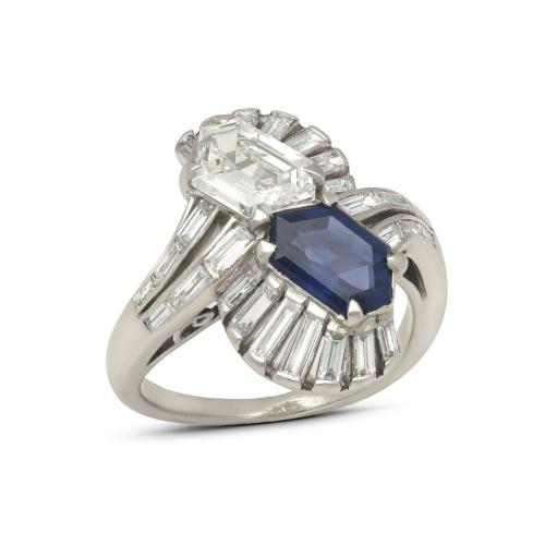 Art Deco Sapphire And Diamond Cross Over Ring In Platinum Circa 1930