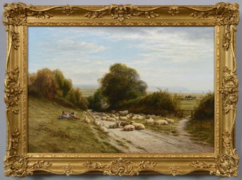Landscape oil painting of sheep in a Sussex lane near Pevensey Bay by William Luker Snr