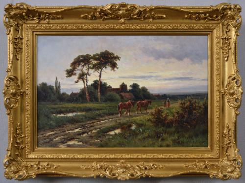 Landscape oil painting of a plough team returning home by Henry H Parker