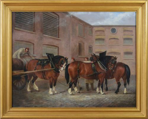 Oil painting of a dray cart & shire horses in a brewery yard by William Henry Davis