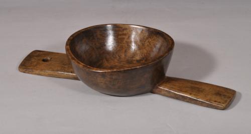 S/5684 Antique Treen 19th Century Twin Handled Birch Wood Cheese Strainer