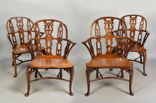 A rare set of four Gothic yew wood Windsor chairs in excellent condition, c.1760
