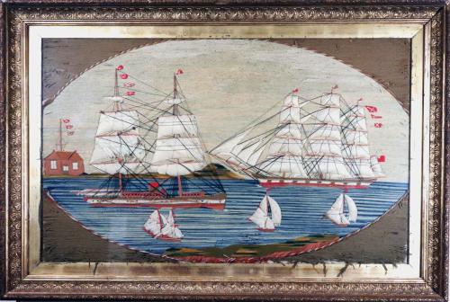 British Sailor's Woolwork with Five Ships in a Bay