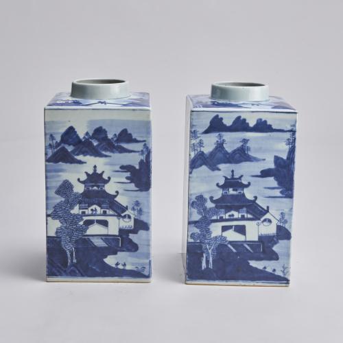 blue and white Tea Jars with landscape decoration (Chinese, 19th Century)