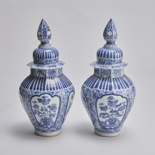Japanese Arita Blue and White covered vases
