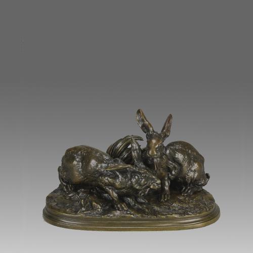 Mid 19th Century French Animalier Bronze Group Entitled "Deux Lapins" By Pierre-Jules Mêne