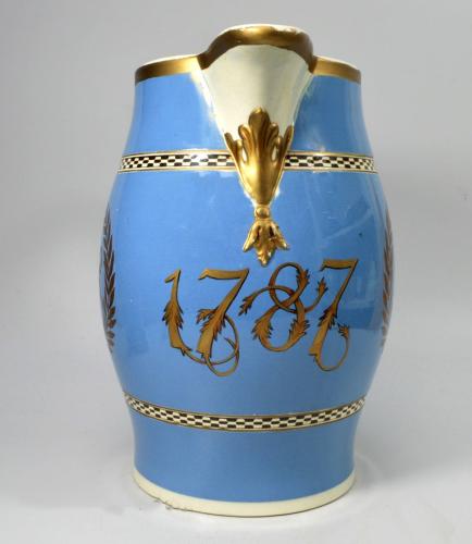 English Pearlware Pottery Large Blue Slip Jug, Dated 1787, Possibly Leeds.
