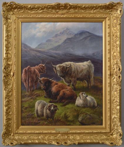 Scottish landscape oil painting of cattle & sheep in the Highlands by Charles Jones