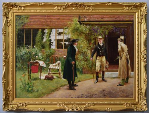 three gentlemen outside a house by Walter Dendy Sadler