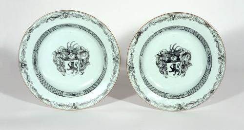 Chinese Export Porcelain Armorial En Grisaille Soup Plates, Pair, Circa 1745