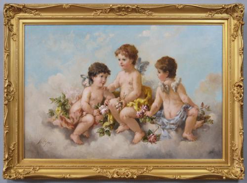 Genre oil painting of cherubs with flowers by Charles Augustus Henry Lutyens