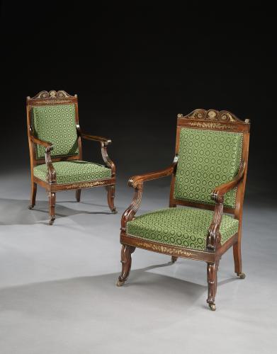 A Pair of Brass Inlaid Armchairs
