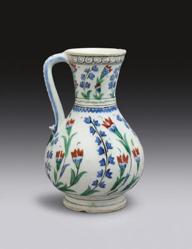Iznik Polychrome Jug Decorated with Delphiniums and Carnations