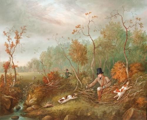 Sportsmen on the edge of a wood with spaniels retrieving a woodcock, William Jones