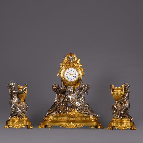 Napoléon III Gilt Sculptural Clock Garniture, By Charpentier, Paris