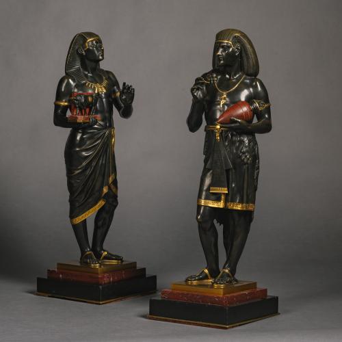 A Pair of Patinated Bronze Figures Of The Egyptian High Priest 'Pastophore' and The Egyptian Scribe 'Hierogrammate' By Emile Louis Picault