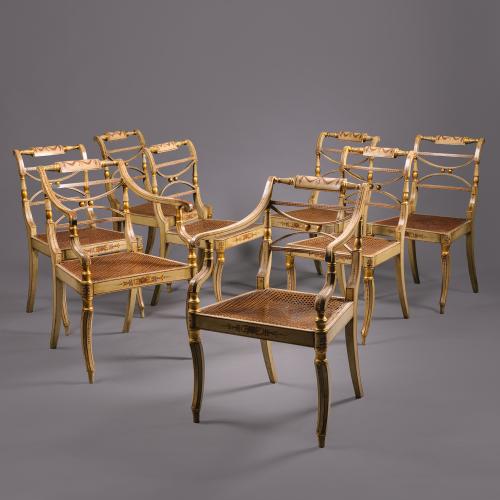 A Set of Eight Regency Polychrome-Painted And Parcel-Gilt Dining Chairs. English, Circa 1800.