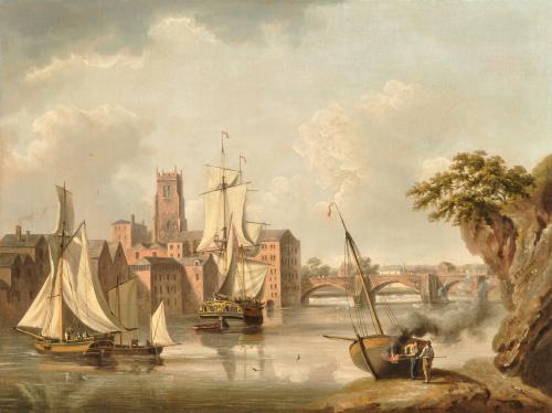Shipping on the River Dee, the town of Chester with St. John’s Church beyond