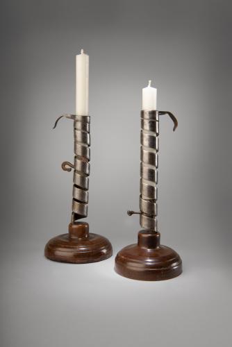 With Original Turned Wood Bases and Height Adjustable Sockets  Hand Wrought Metal and Patinated Turned Wood Northern European, c.1830