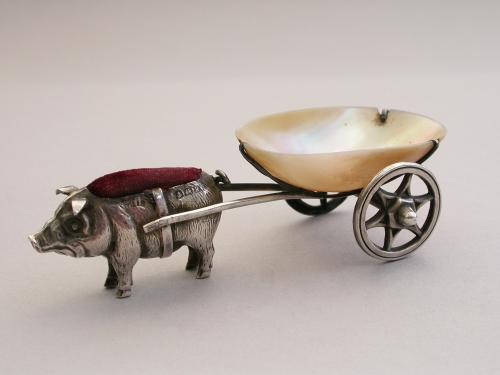 Edwardian Novelty Silver Hairy Pig Pulling a Cart Pin Cushion
