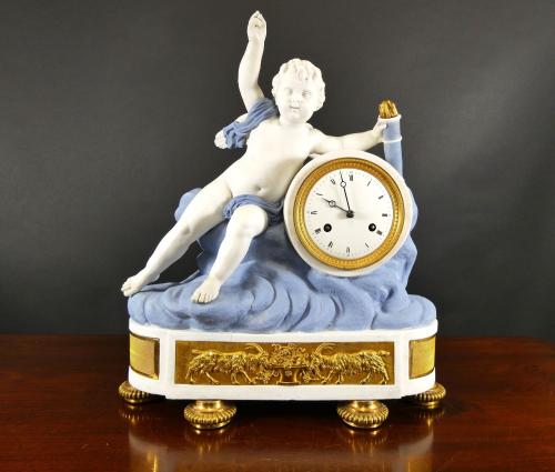 French Empire Bisque Porcelain and Ormolu Mantel Clock