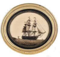 English Framed Nautical Silhouettes on Glass, HMS Victory and The Hogue and HMS Royal Albert, A Pair, Early Victorian