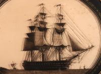English Framed Nautical Silhouettes on Glass, HMS Victory and The Hogue and HMS Royal Albert, A Pair, Early Victorian